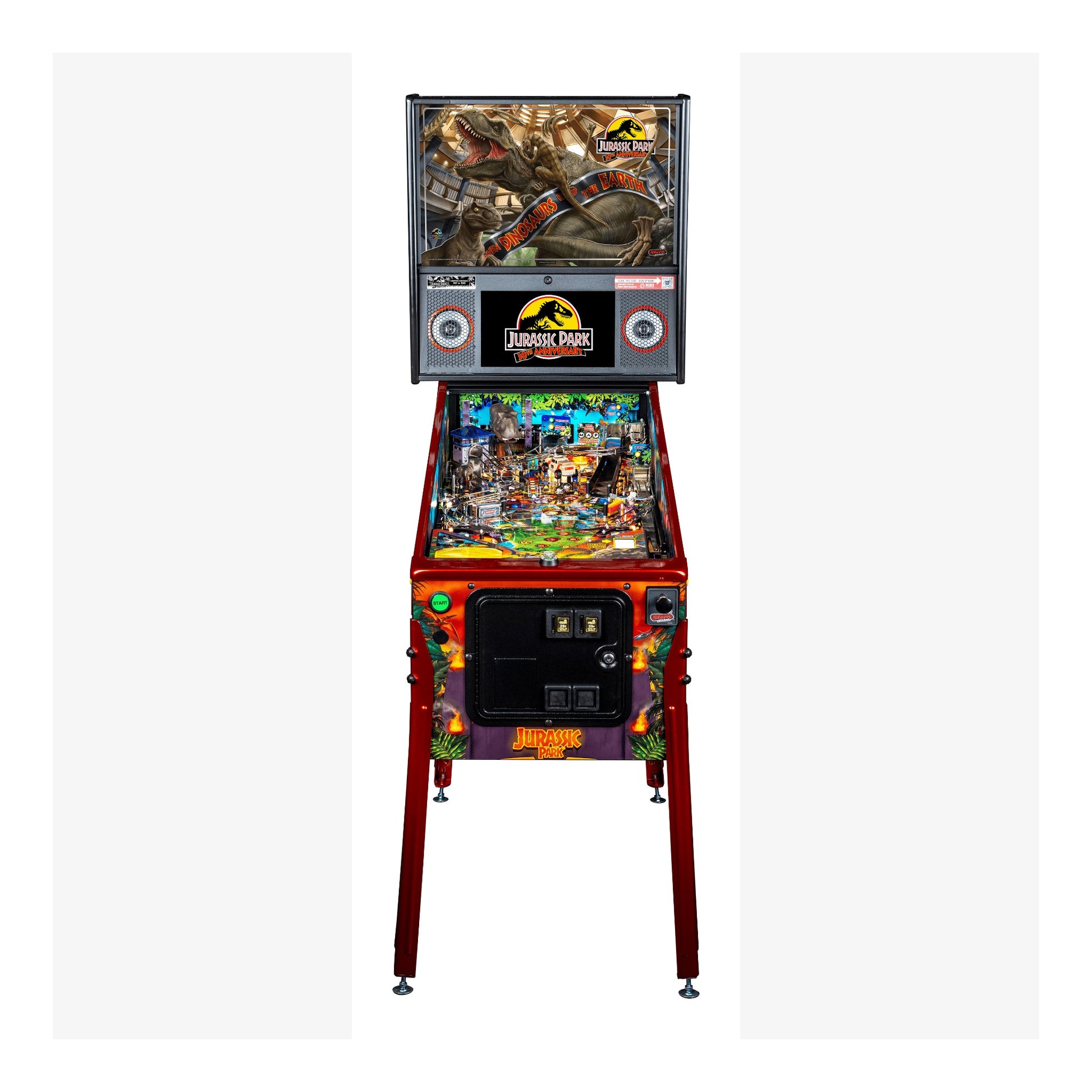 Pinball machine themed after 'Jurassic Park' on a white background