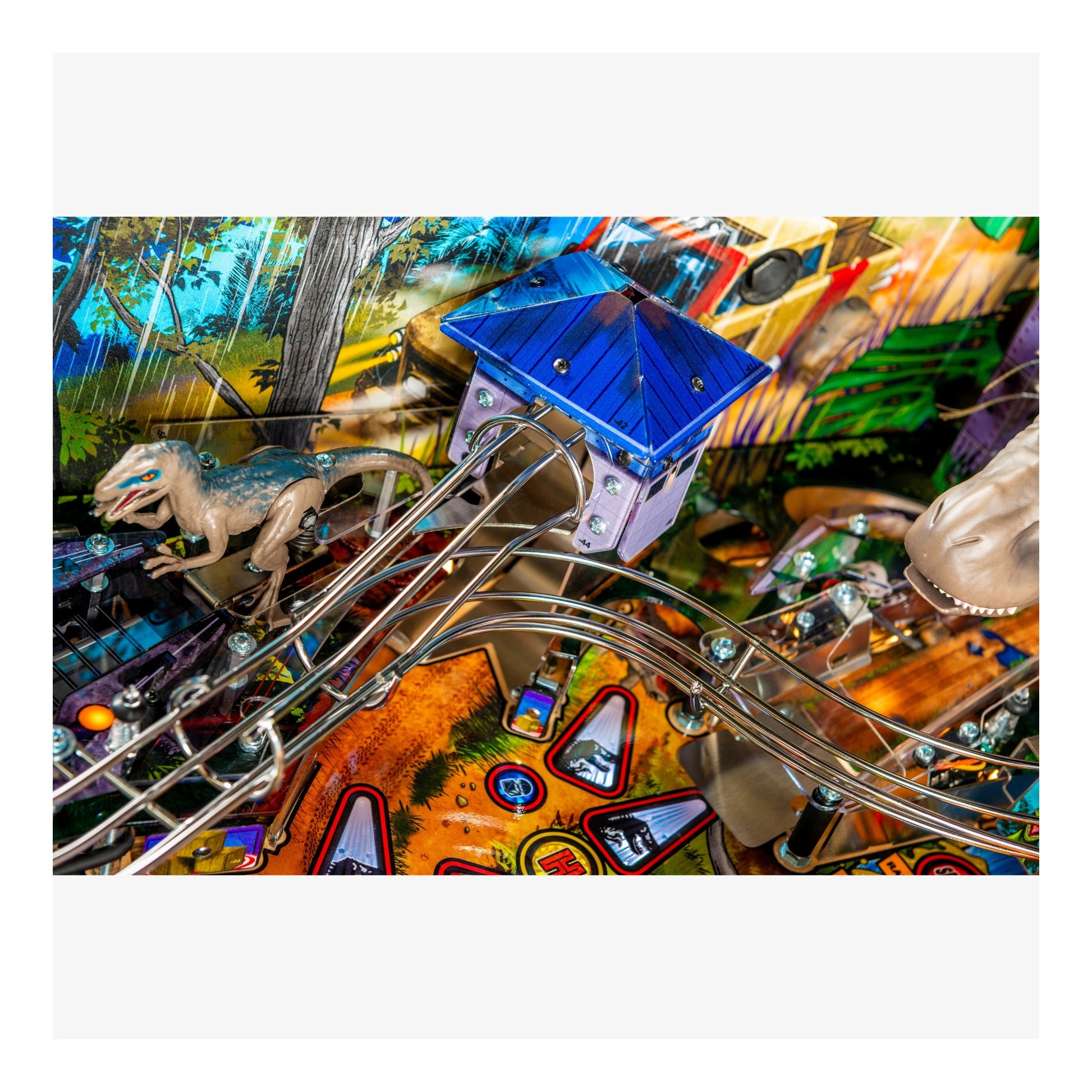 Top-down view of the T. Rex on the 30th Anniversary playfield.