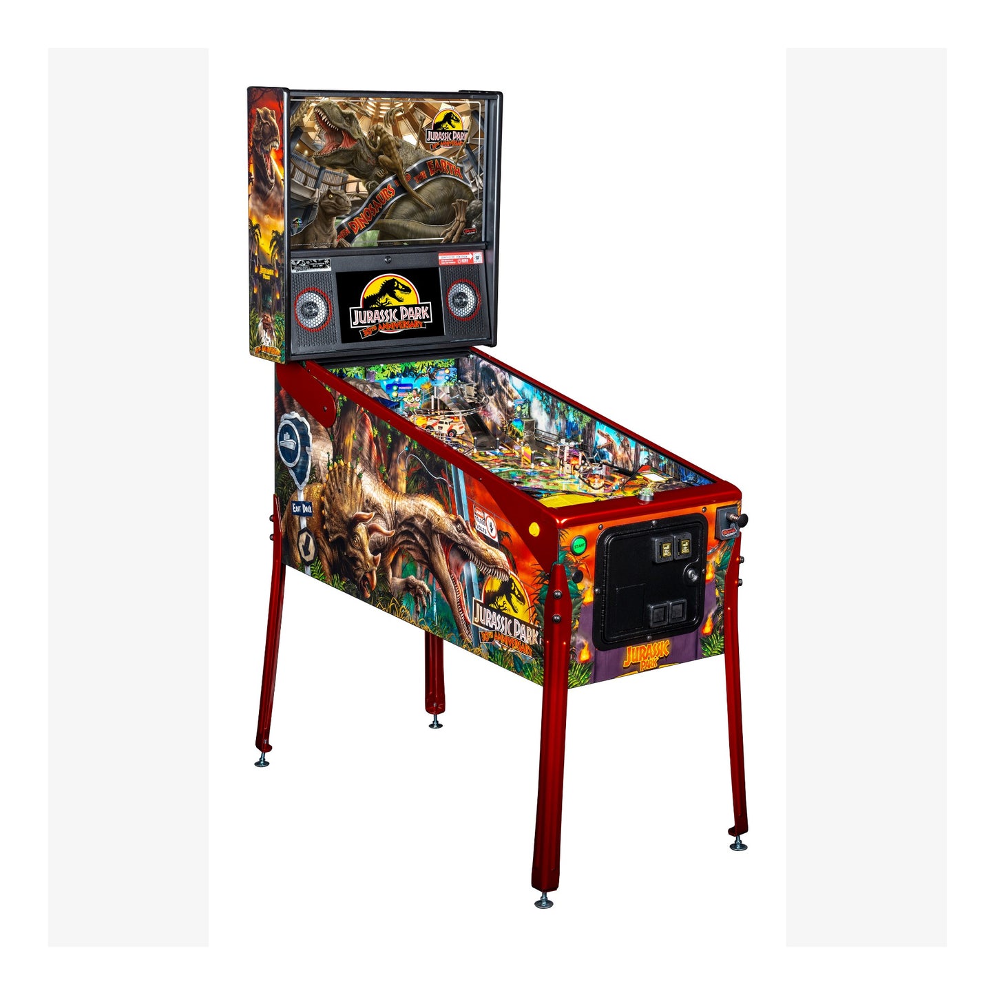 Pinball machine with 'Jurassic Park' theme on a white background