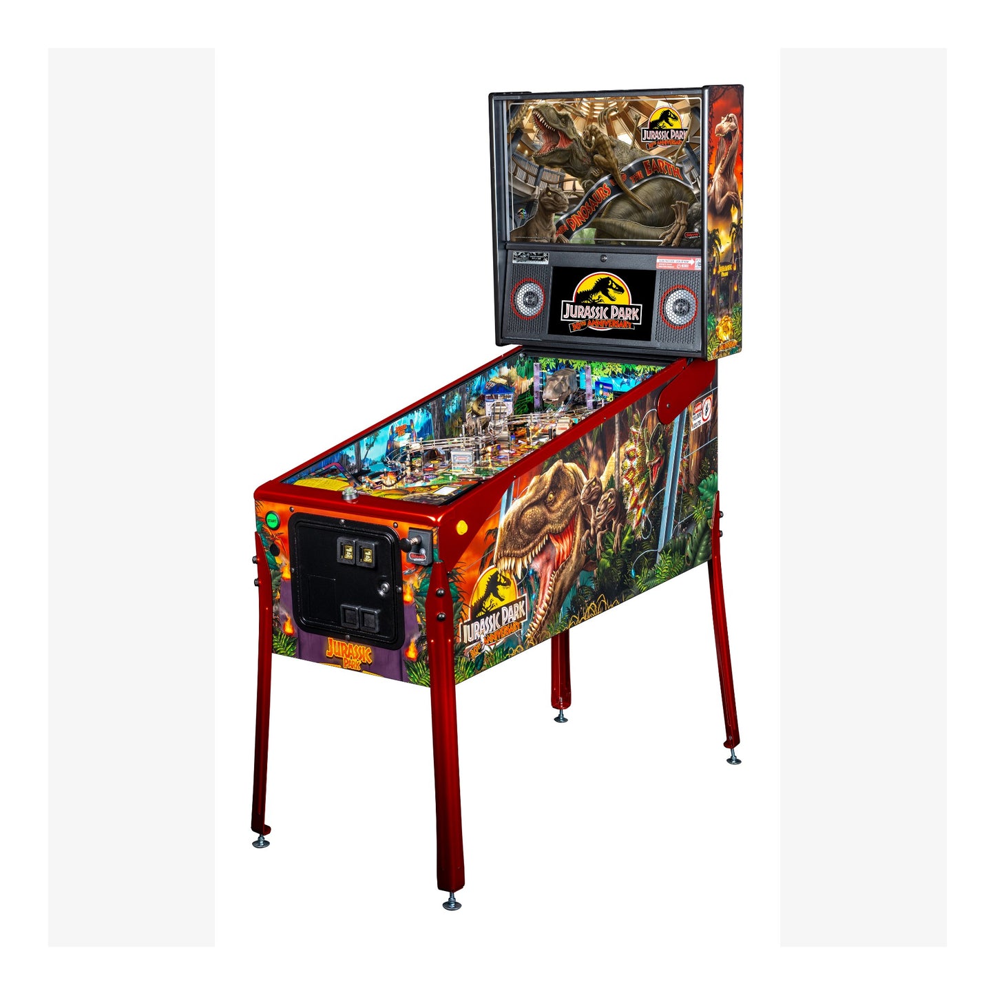 Jurassic Park-themed pinball machine on a white background