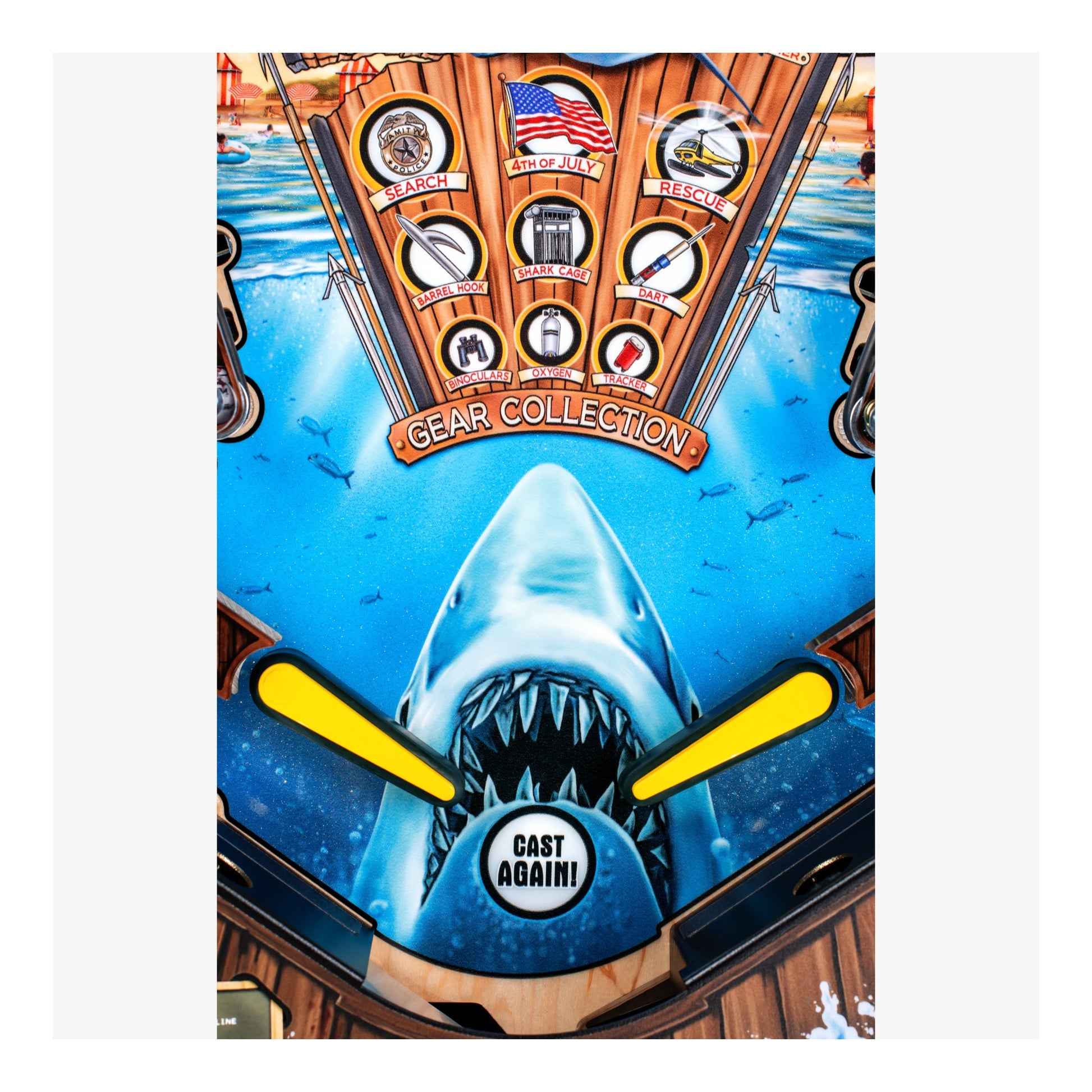 Shark-themed arcade machine with 'Gear Collection' and 'Cast Again!' text.