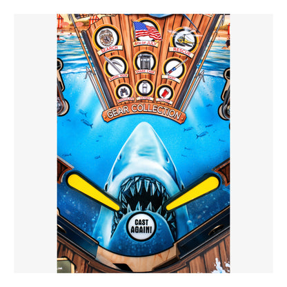 Shark-themed arcade machine with 'Gear Collection' and 'Cast Again!' text.