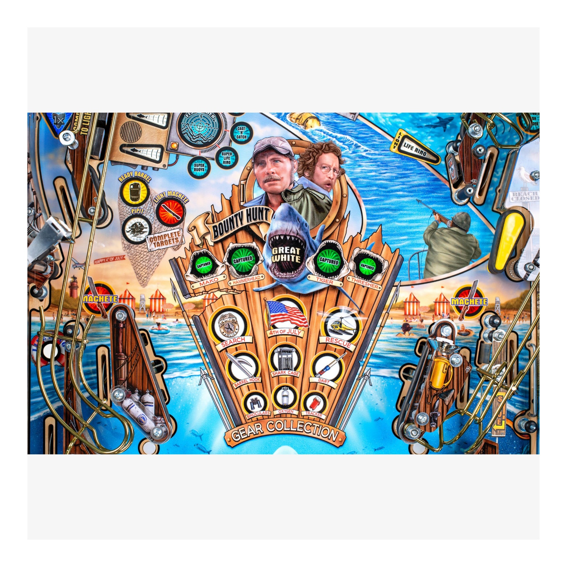 Pinball machine with detailed artwork and text on a blue background