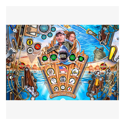 Pinball machine with detailed artwork and text on a blue background