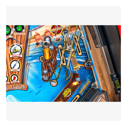 Close-up of a pinball machine with colorful artwork and mechanical components.