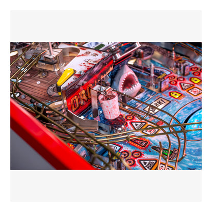 Close-up of a pinball machine with a shark figure and colorful playfield.