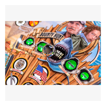 Decorative item with shark design, sunglasses, and text on a wooden background