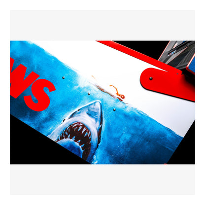 Shark emerging from water with a red 'WS' logo on a blue background