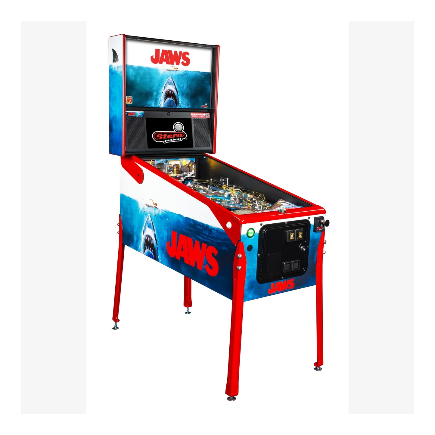 Pinball machine themed after the movie 'Jaws' on a white background