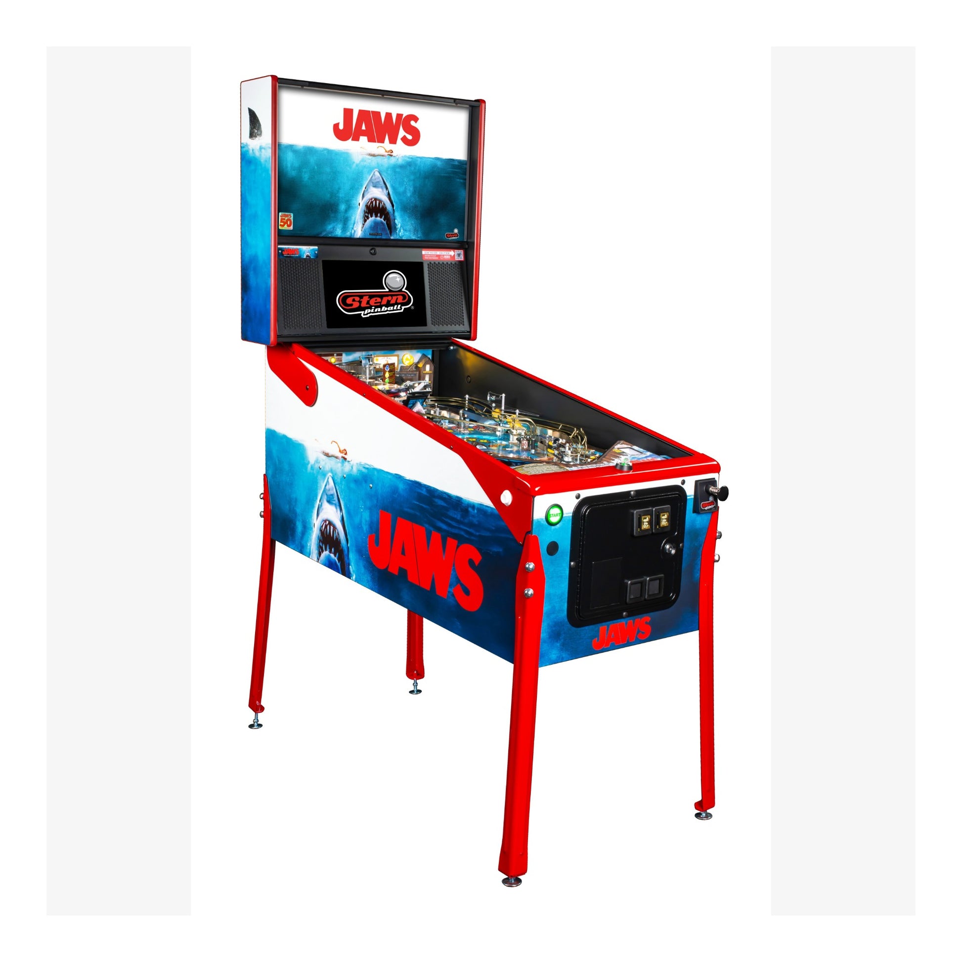 Pinball machine themed after the movie 'Jaws' on a white background