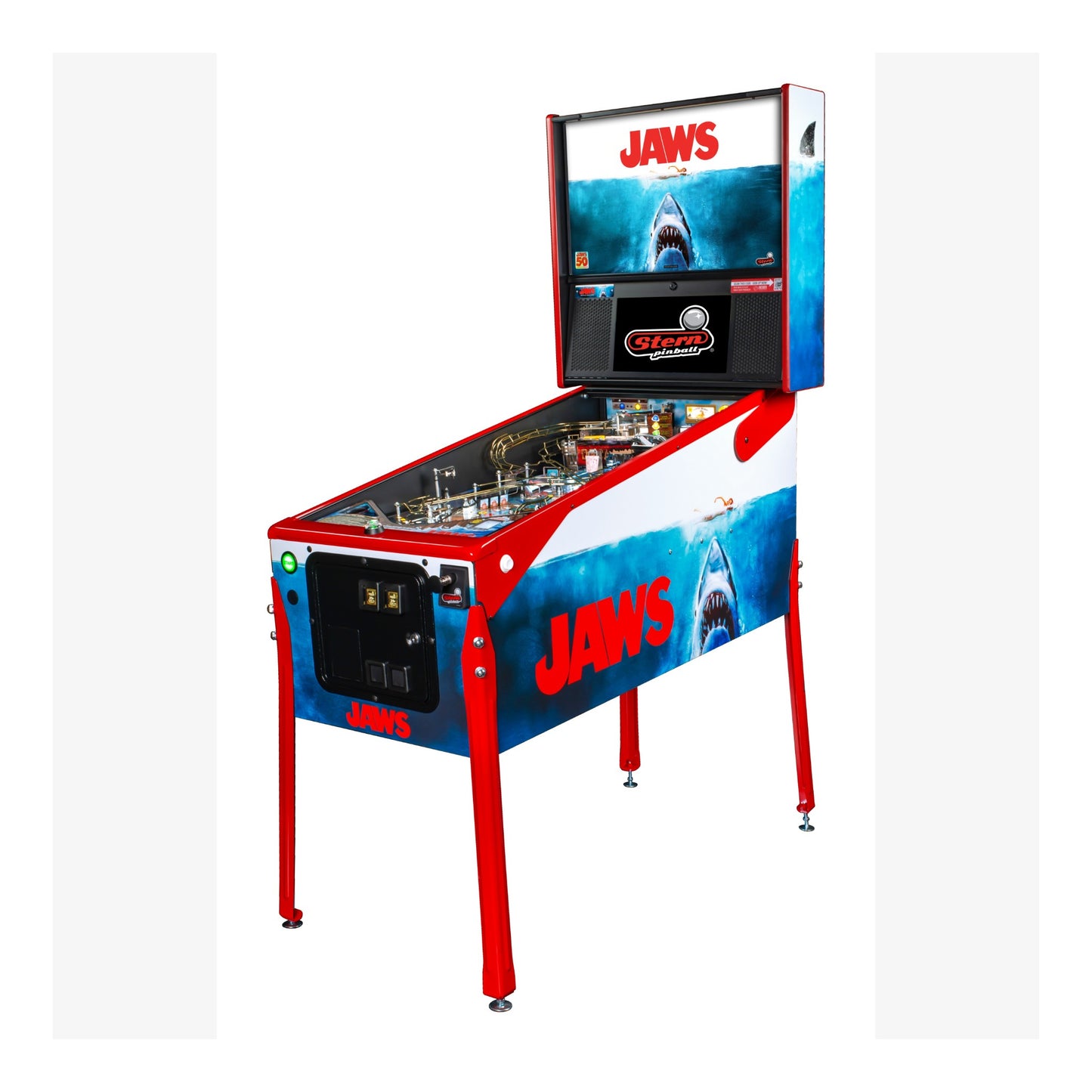 Pinball machine themed after the movie 'Jaws' on a white background