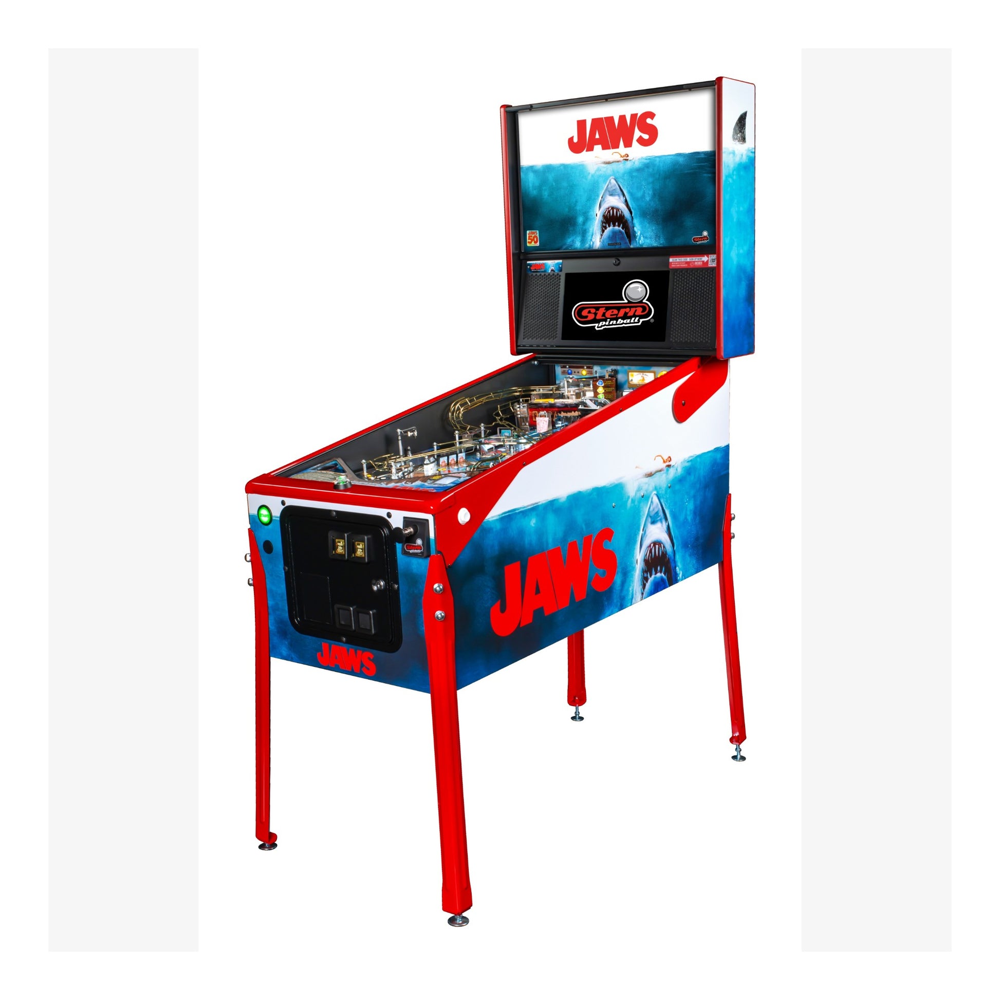 Pinball machine themed after the movie 'Jaws' on a white background