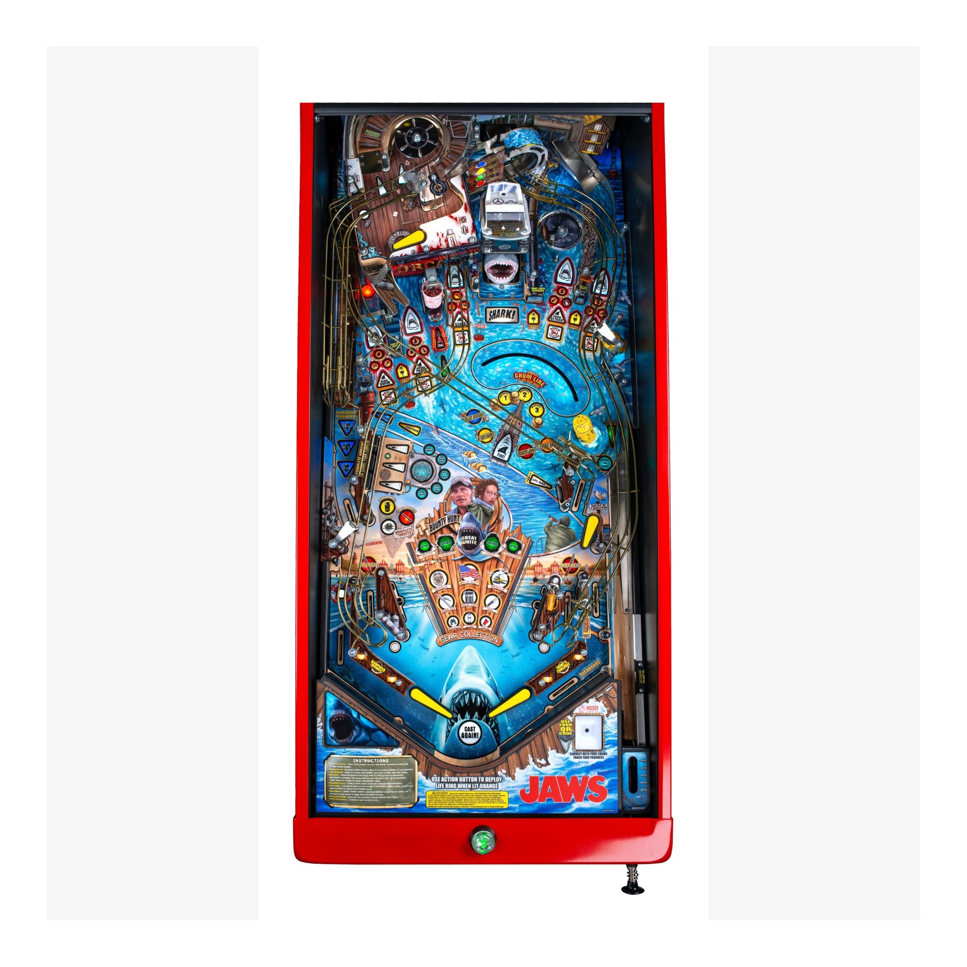 Pinball machine with 'Jaws' theme on a white background
