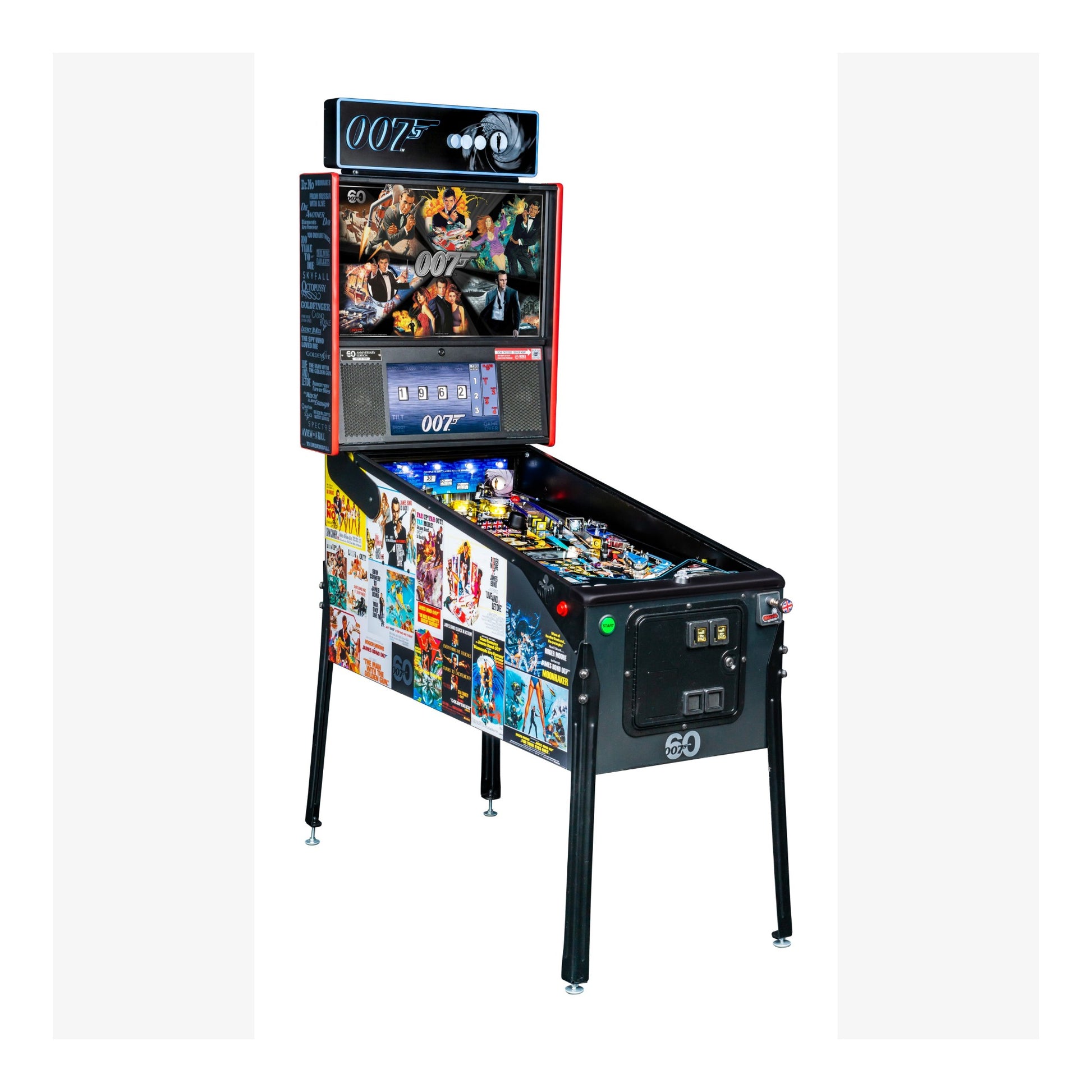 Pinball machine themed after James Bond movies on a white background