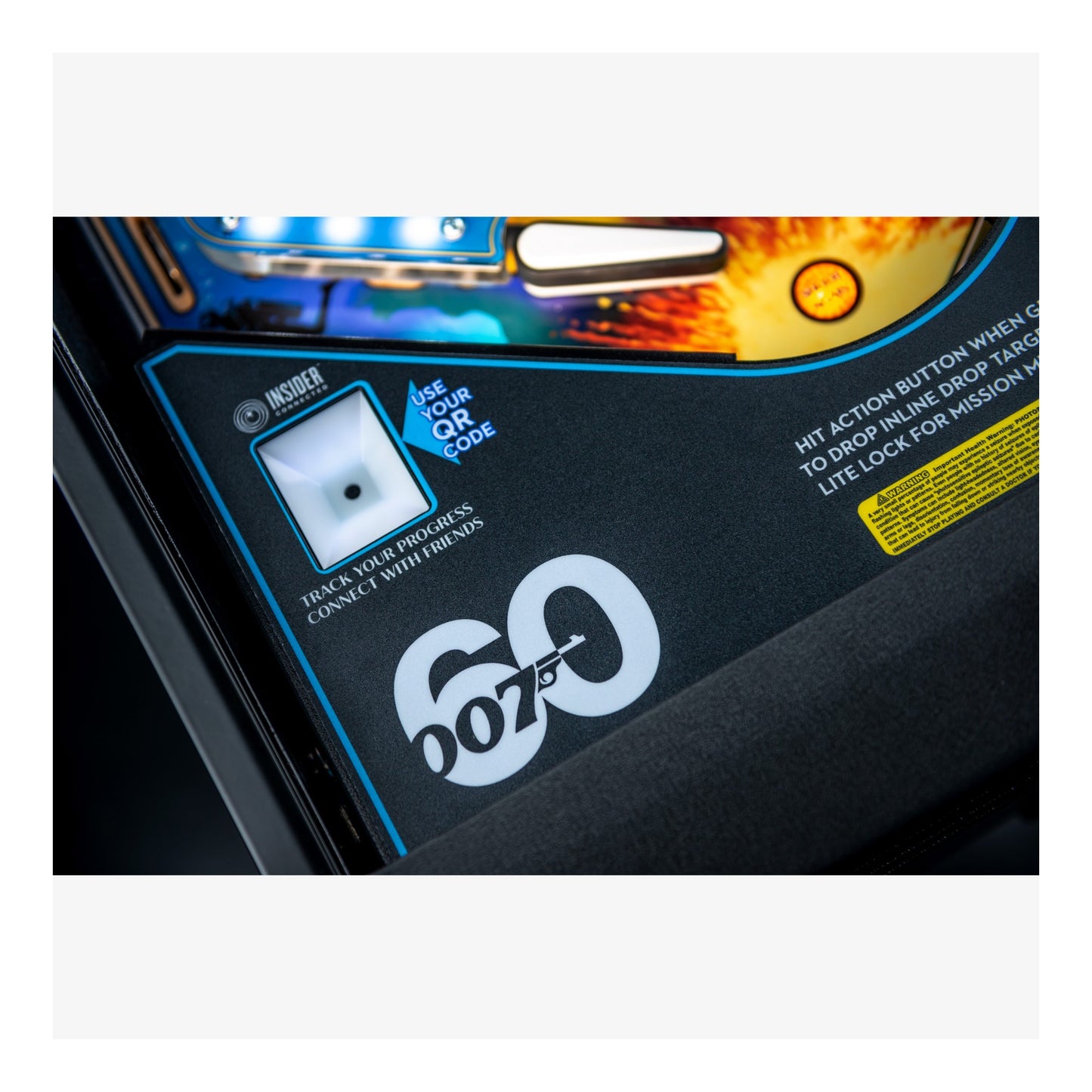 Close-up of a gaming machine with a QR code reader and '007' branding.