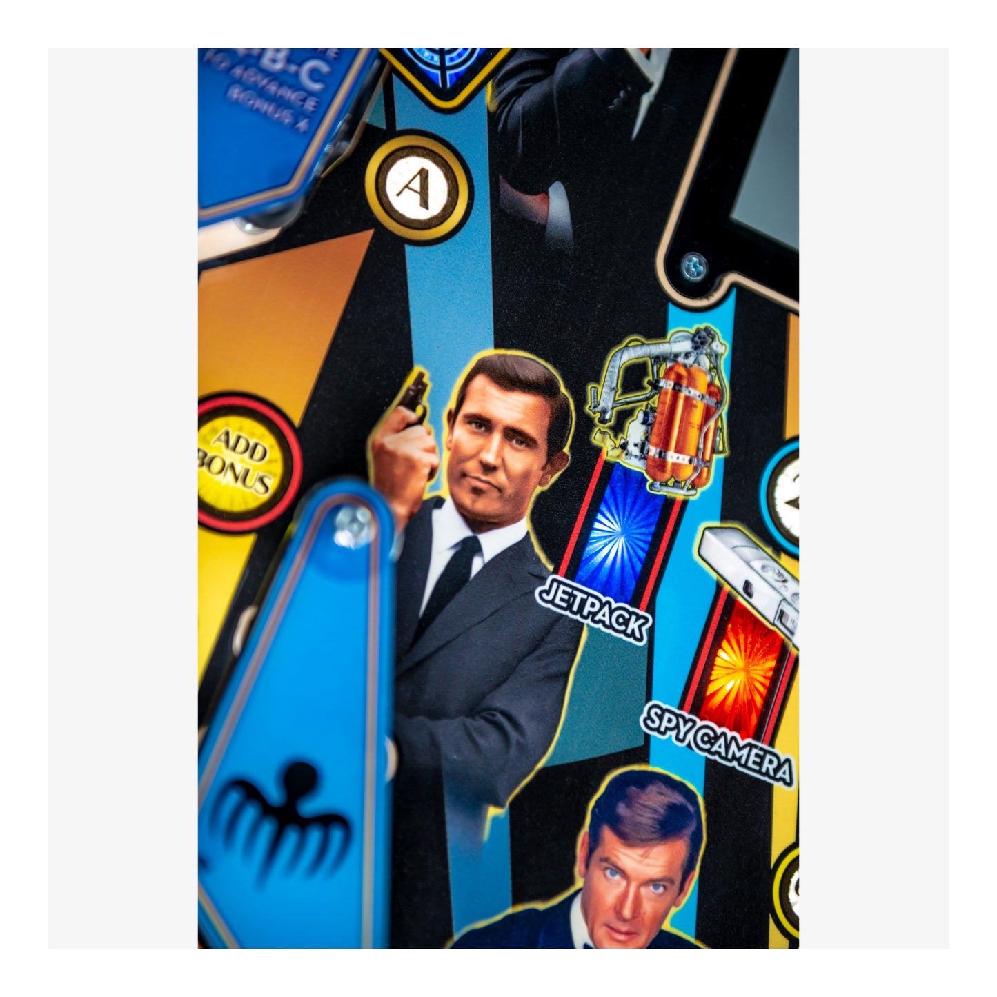 Pinball machine with characters and symbols on a colorful background