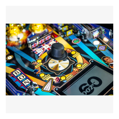 Close-up of a pinball machine with colorful design and '007' branding.