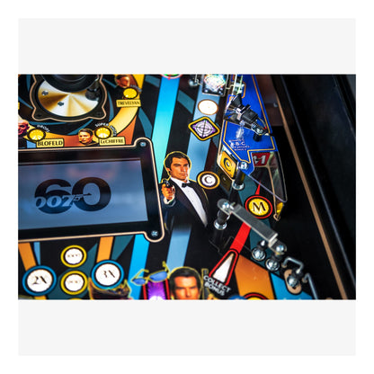 Pinball machine with James Bond theme featuring a man in a tuxedo and '007' branding.