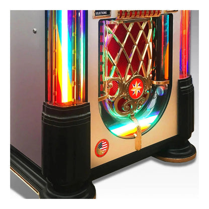 Colorful vintage-style jukebox with rainbow lights on a white background
