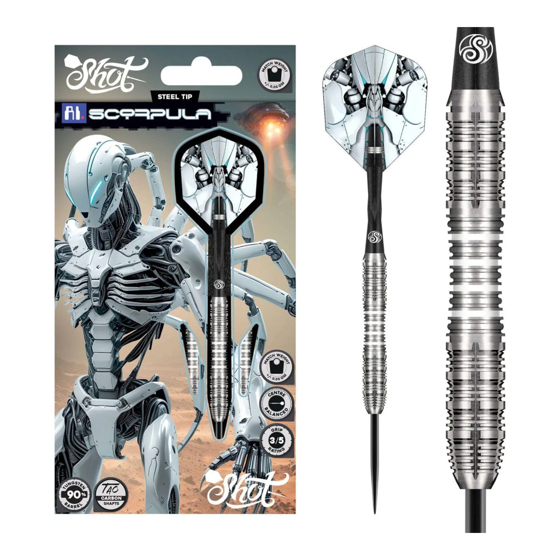 Shot AI Scorpula packaging contents including 3 tungsten barrels and accessories