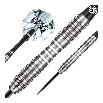 Shot AI Scorpula steel tip darts barrel closeup showing spined rings and scallop grip