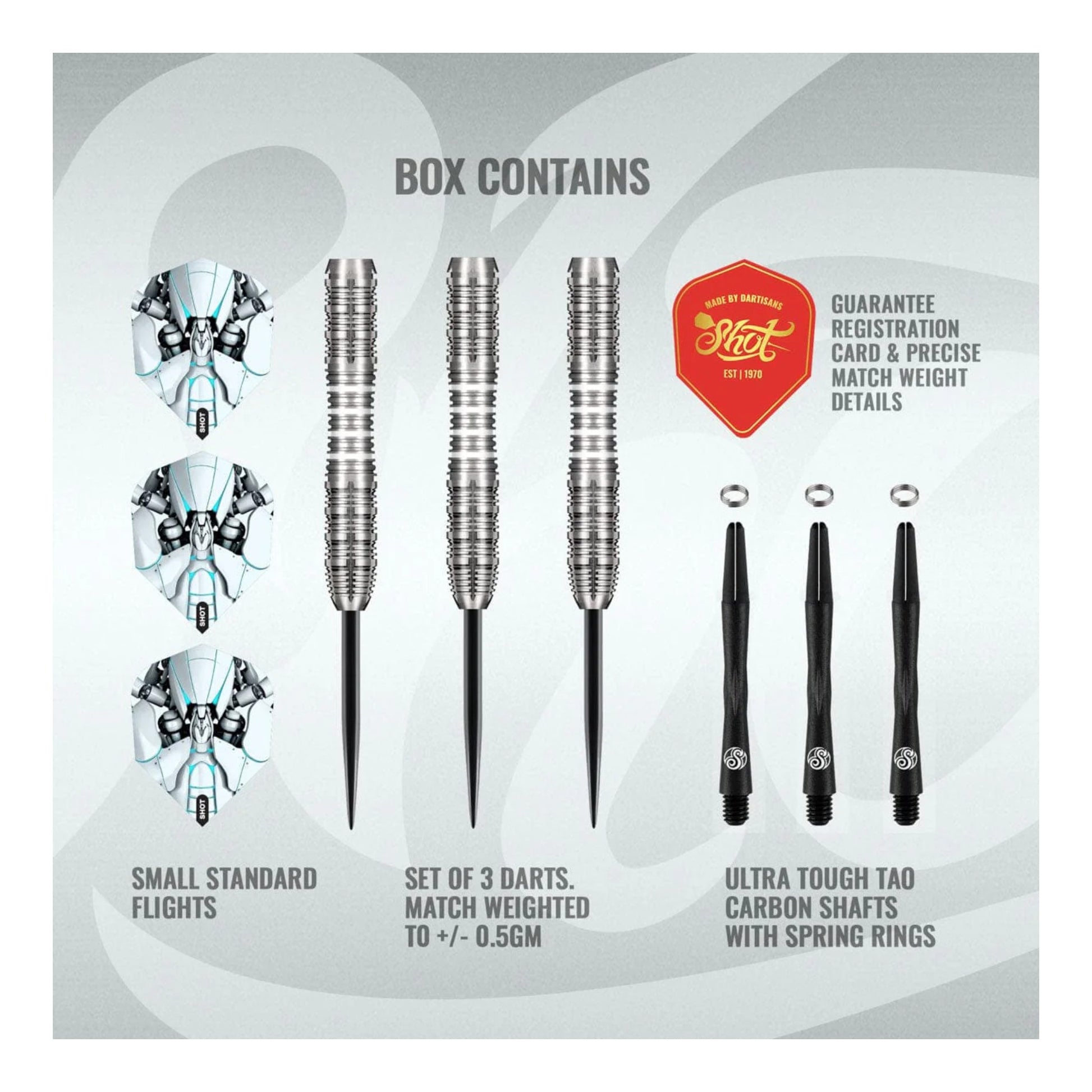 Full set of Shot AI Scorpula darts with carbon shafts and standard flights