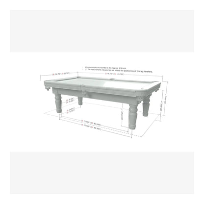 An image showing the room dimensions and cueing space required for different sizes of the Aristocrat pool table.