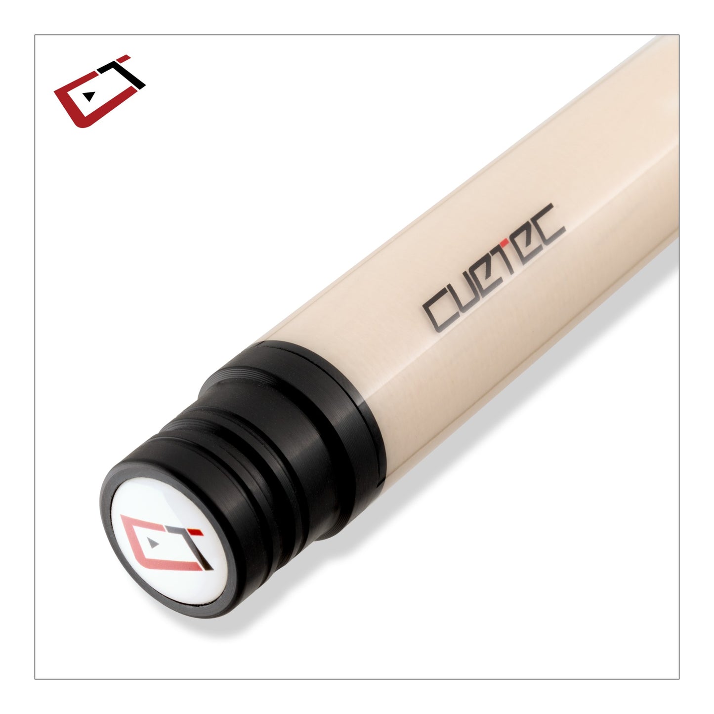 Close-up of a CueTec pool cue shaft with a black butt cap and a white tip insert featuring the CueTec logo, shown on a white background.