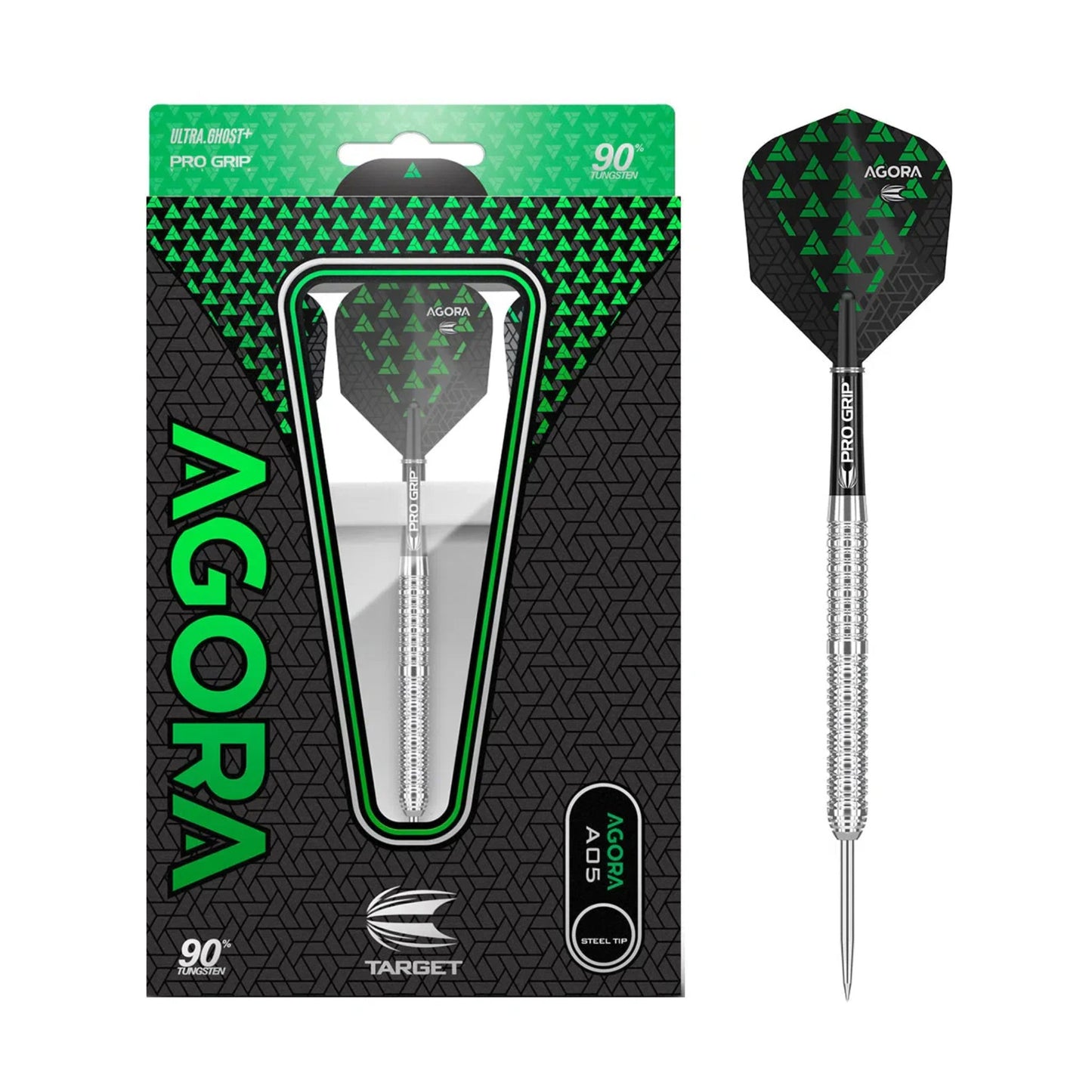 Complete set of Target Darts Agora A05 showing 90% tungsten barrels, Pro Grip shafts, and Agora flights on a white background.