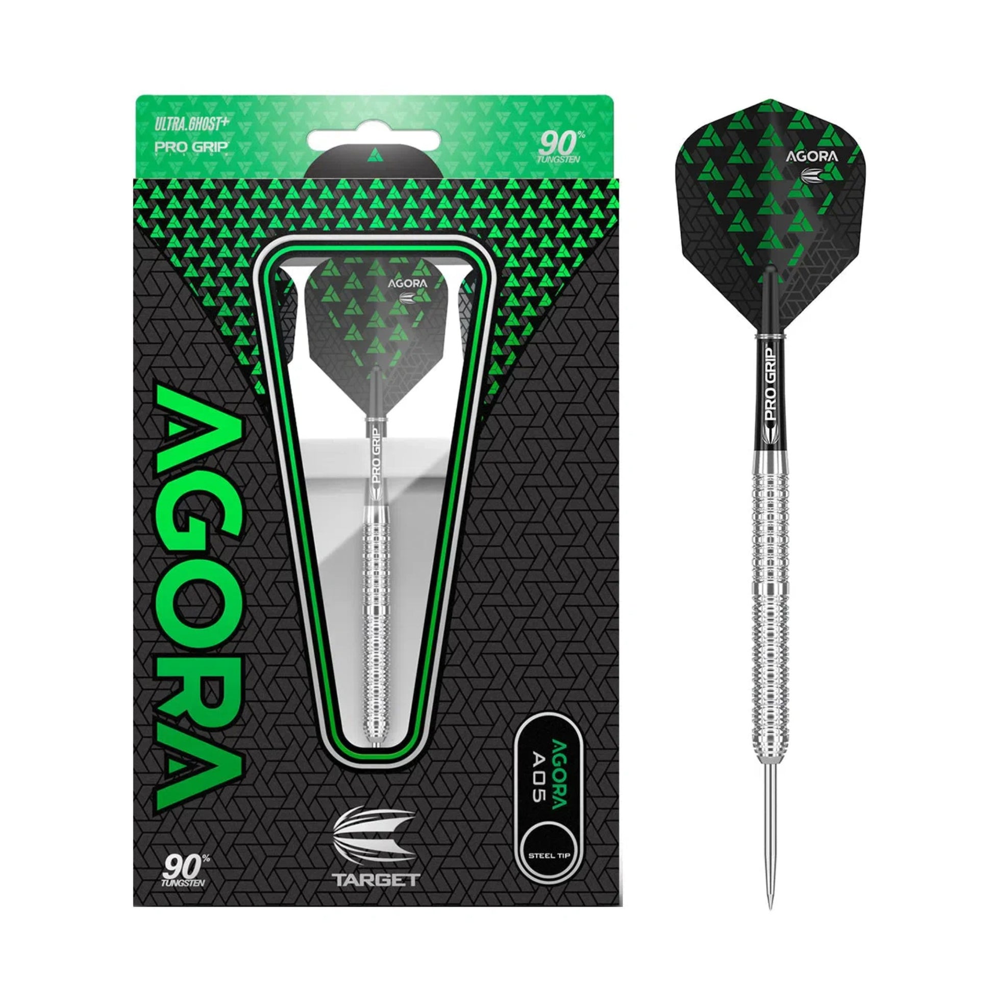 Complete set of Target Darts Agora A05 showing 90% tungsten barrels, Pro Grip shafts, and Agora flights on a white background.