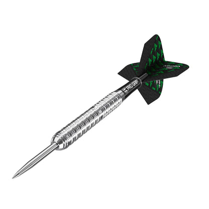 Close up detail of Target Agora A05 dart barrel featuring radial grooves and precision milled cuts for enhanced grip.