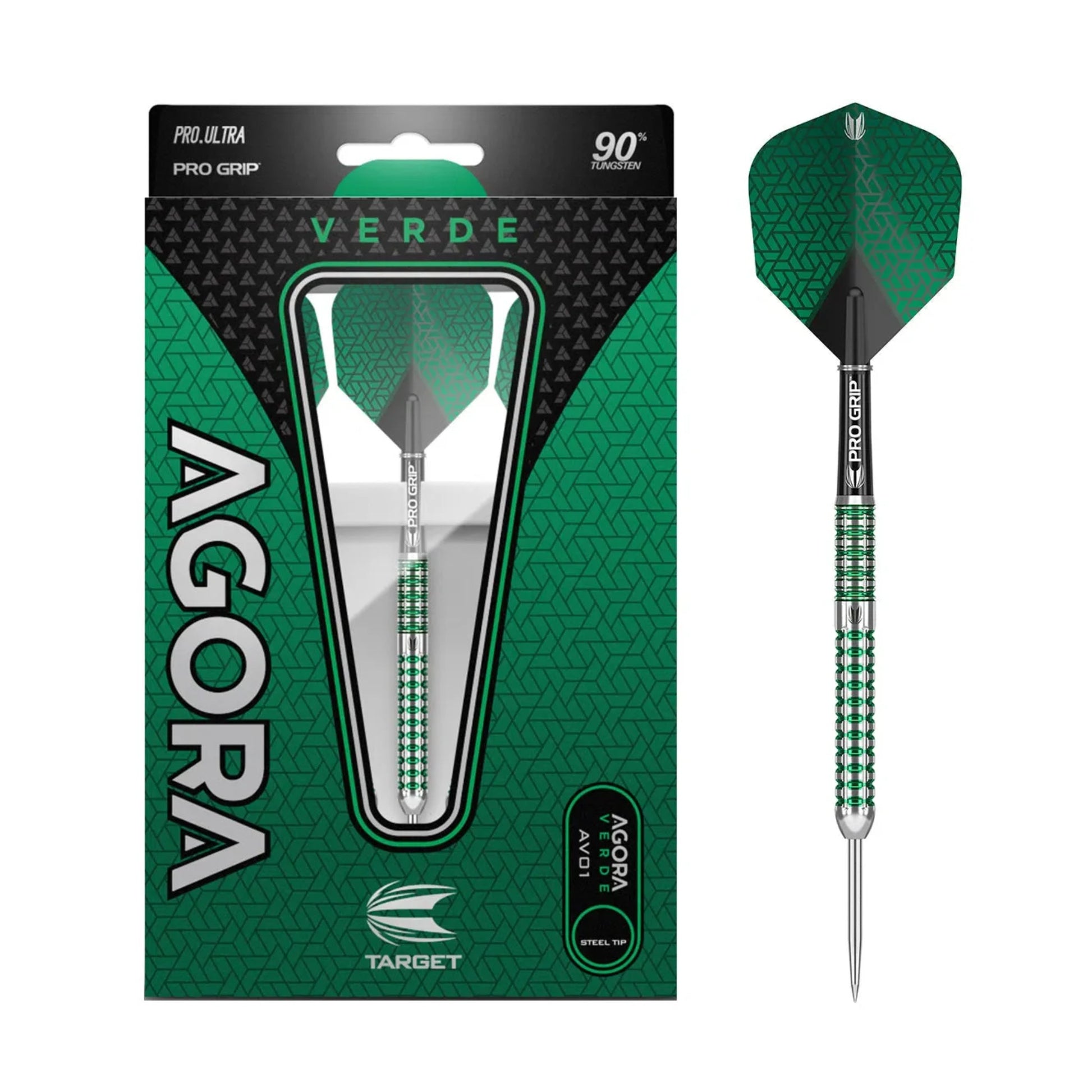 Full set of Target Darts Agora Verde AV01 steel tip darts with Pro Grip shafts and matching green flights.