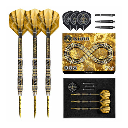 Three Shot Alchemy Auro 95% tungsten steel tip darts fully assembled with carbon shafts and flights