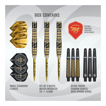 Packaging contents for the Shot Alchemy Auro dart set including barrels, shafts, and custom flights