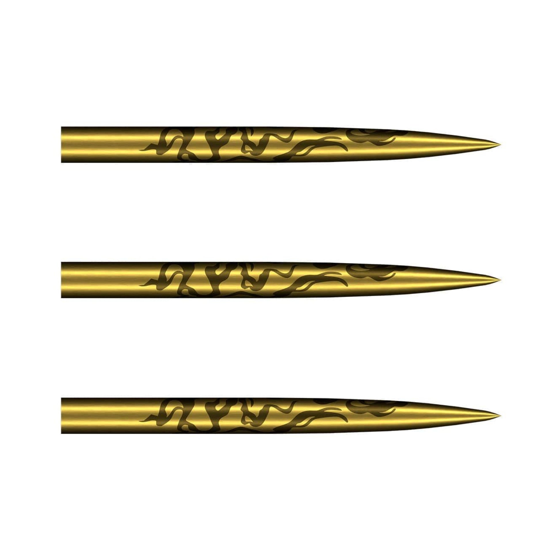 Set of three Alchemy Gold Titanium steel tip dart points showing the engraved cinder grip