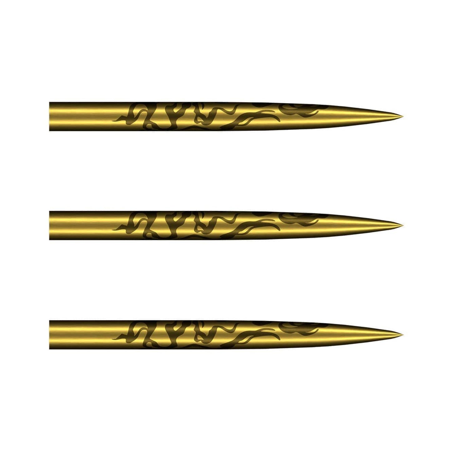 Set of three Alchemy Gold Titanium steel tip dart points showing the engraved cinder grip