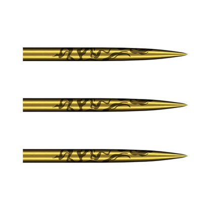 Set of three Alchemy Gold Titanium steel tip dart points showing the engraved cinder grip