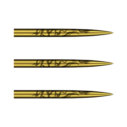 Set of three Alchemy Gold Titanium steel tip dart points showing the engraved cinder grip