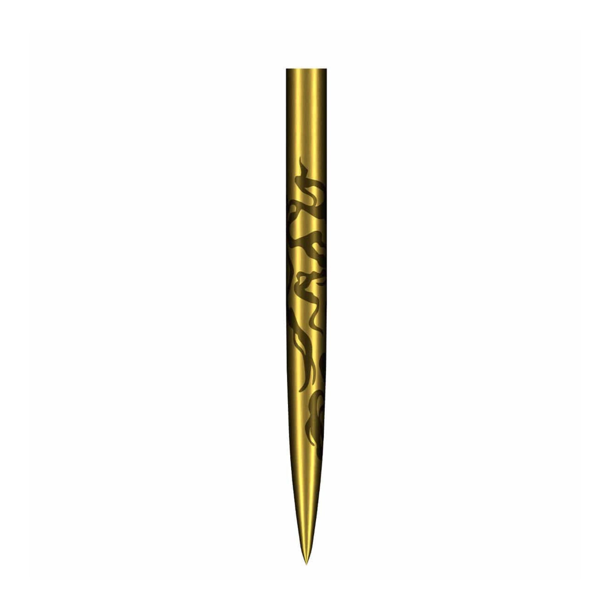 Close up detail of a single Alchemy Gold Titanium dart point with precision engraving