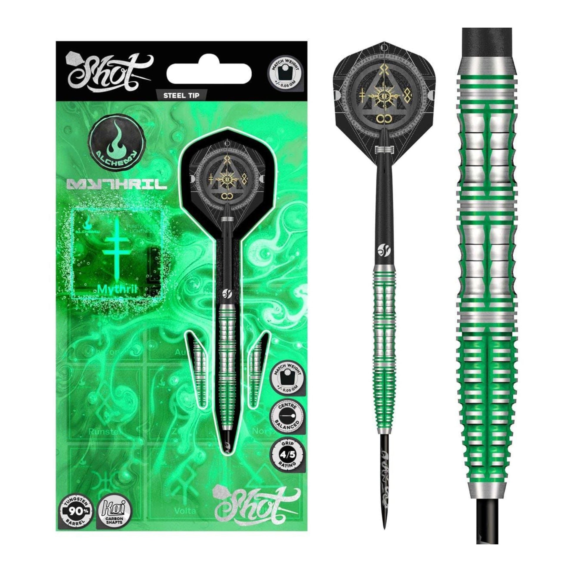 Shot Myriel darts with packaging on a white background
