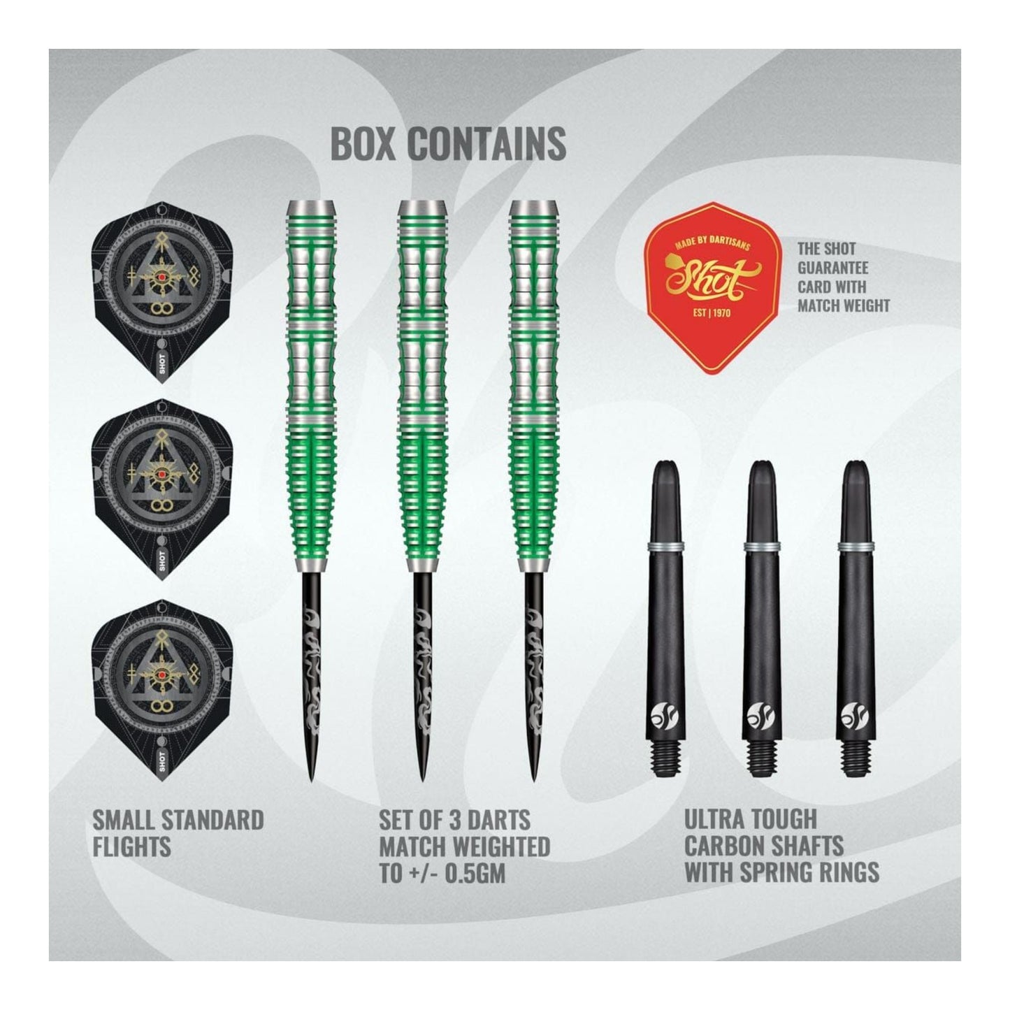 Box contents for the Shot Darts Alchemy Mythril set including barrels, shafts, and flights
