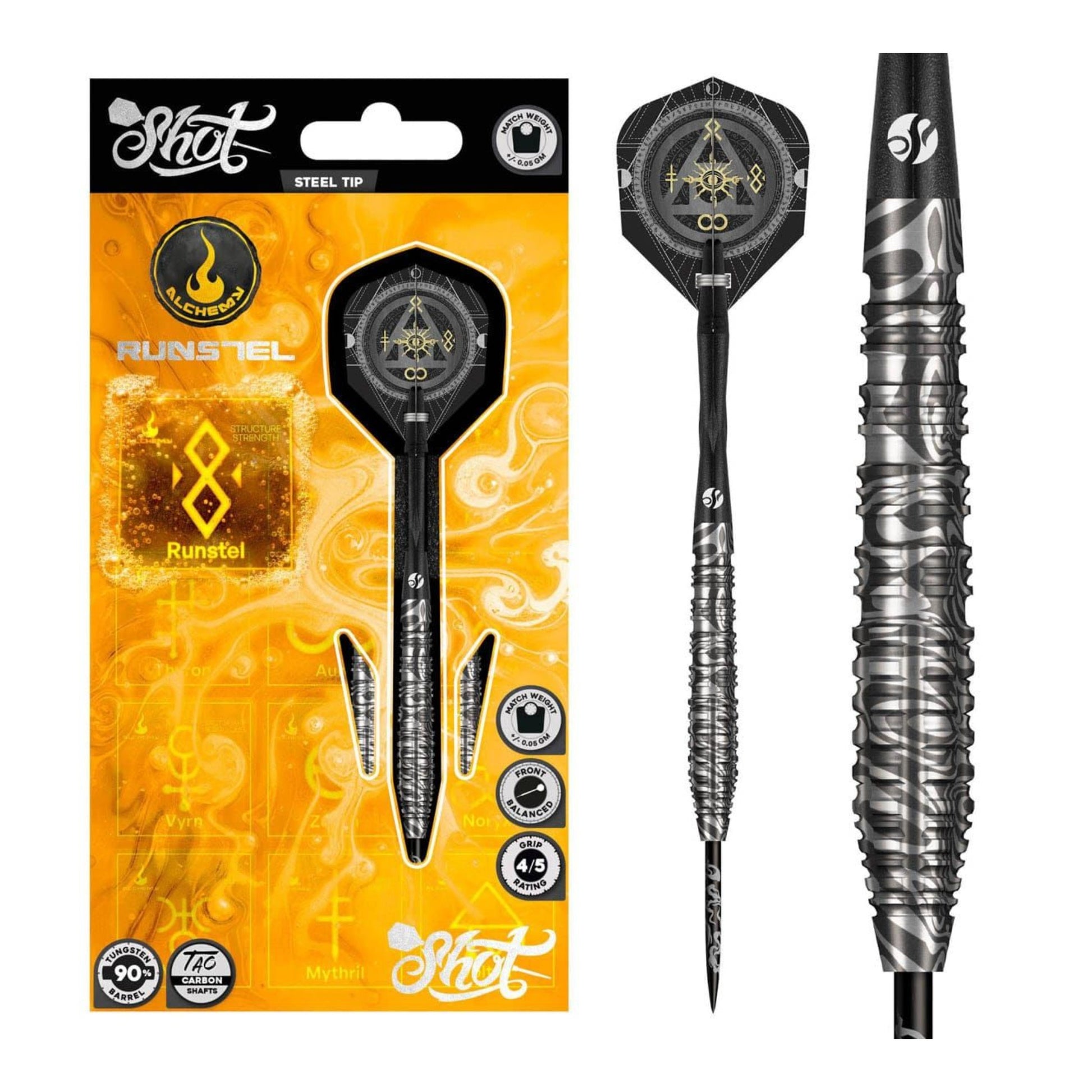 Full view of three Shot Darts Alchemy Runstel 90 percent tungsten steel tip darts