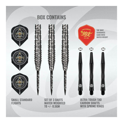 Box contents for the Alchemy Runstel dart set including barrels flights and shafts
