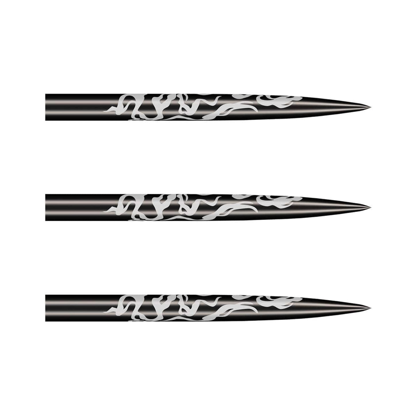 Three Shot Alchemy black steel tip dart points showing the superfine cinder grip texture