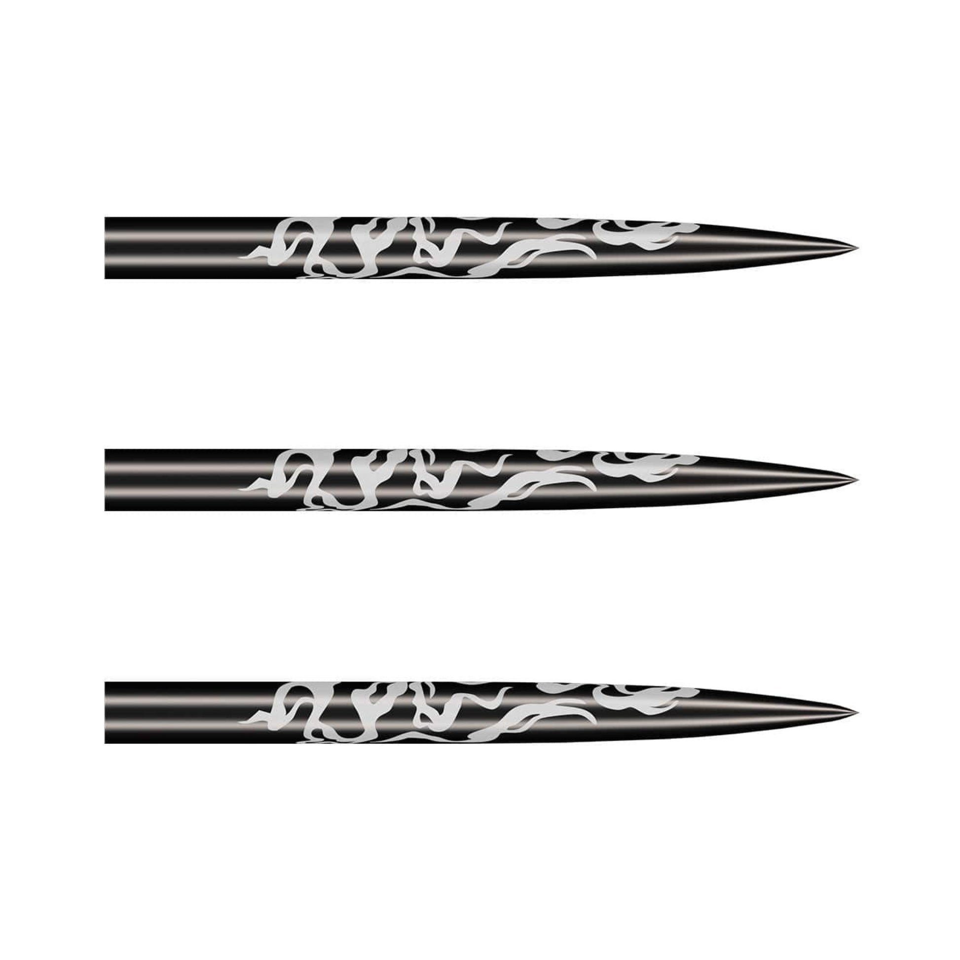 Three Shot Alchemy black steel tip dart points showing the superfine cinder grip texture