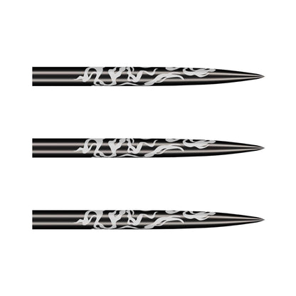 Three Shot Alchemy black steel tip dart points showing the superfine cinder grip texture