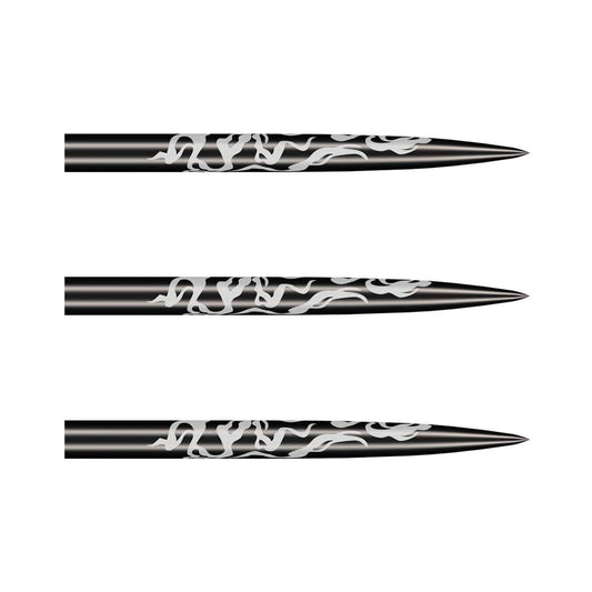 Three Shot Alchemy black steel tip dart points showing the superfine cinder grip texture