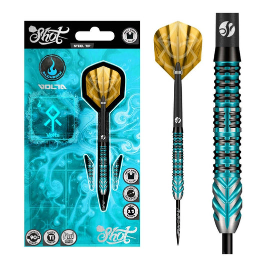 Alchemy Volta 90% Tungsten Steel Tip Darts showing full barrel and Koi Carbon Shaft