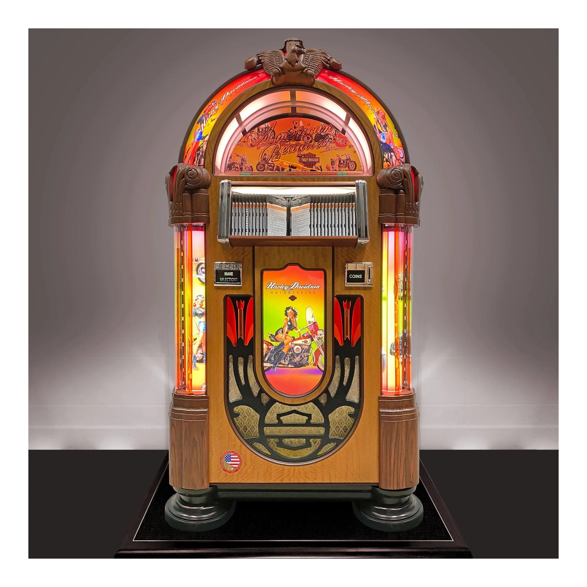 Vintage-style jukebox with colorful display on a gray background