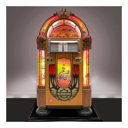 Vintage-style jukebox with colorful display on a gray background